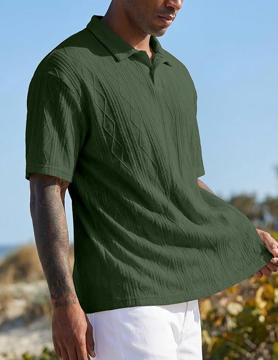 JMIERR Mens Polo Shirt Textured Knit Button Casual Short Sleeve Summer Vacation Beach Stretchy Golf Shirts