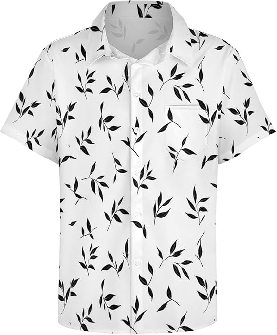 Short Sleeve Leaf Print Shirts for Men Summer Button Down Blouses Beach Vacation Shirt Tops with Chest Pocket