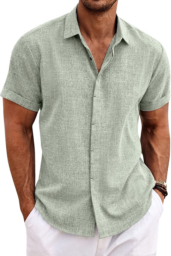 Mens Linen Shirts Short Sleeve Button Down Shirt Casual Cuban Guayabera Lightweight Summer Beach Solid Tops