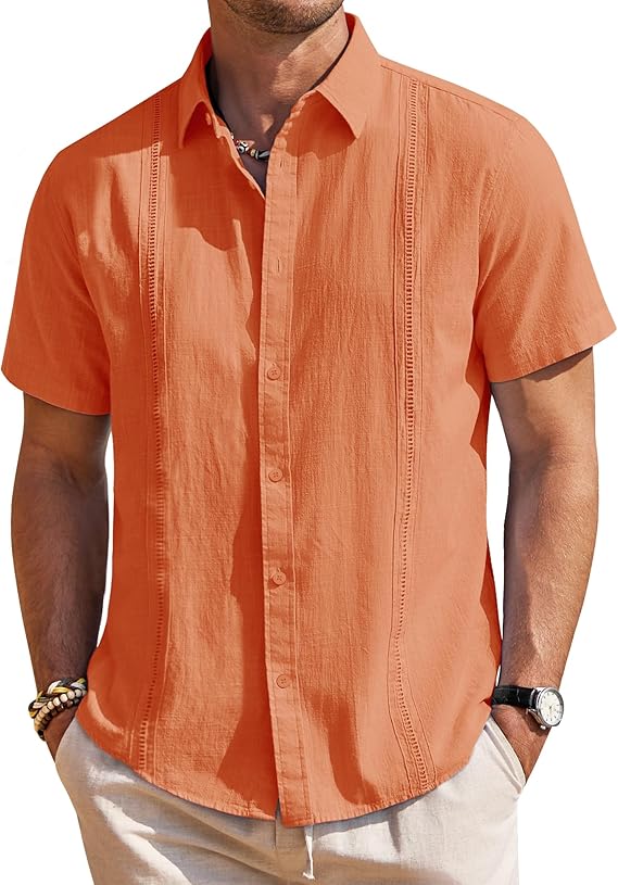 Mens Linen Shirts Short Sleeve Button Down Shirt Casual Cuban Guayabera Lightweight Summer Beach Solid Tops