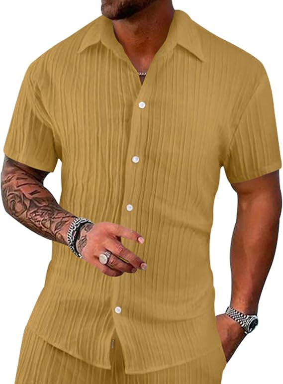 Mens Linen Shirts Short Sleeve Button Down Shirt Casual Cuban Guayabera Lightweight Summer Beach Solid Tops