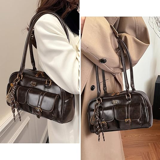 Shoulder Bag Retro Top Handle Bag Y2k 90s Multiple Pockets Designer Handbag Soft Trendy Underarm Purse