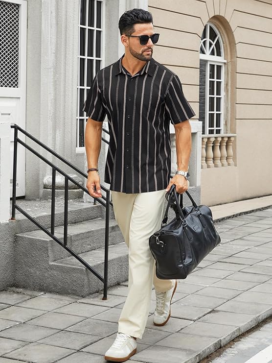Hardaddy Men's Casual Striped Shirts Button Down Short Sleeve Blouse Summer Hawaiian Shirt
