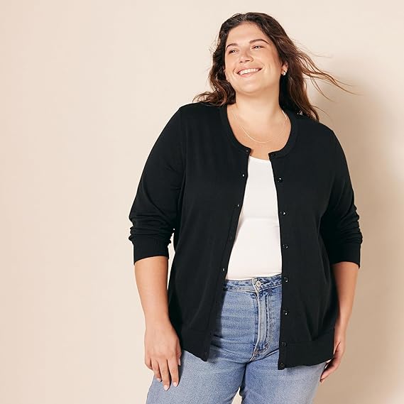 Essentials Women's Lightweight Crewneck Cardigan Sweater (Available in Plus Size)
