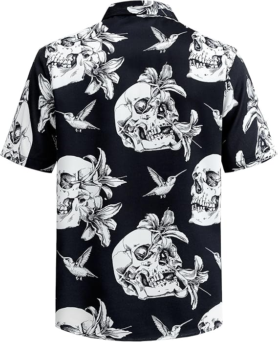 Mens Hawaiian Skull Floral Shirt Short Sleeve Button Down Funny Skeleton Holiday Shirts Casual Tropical Shirt