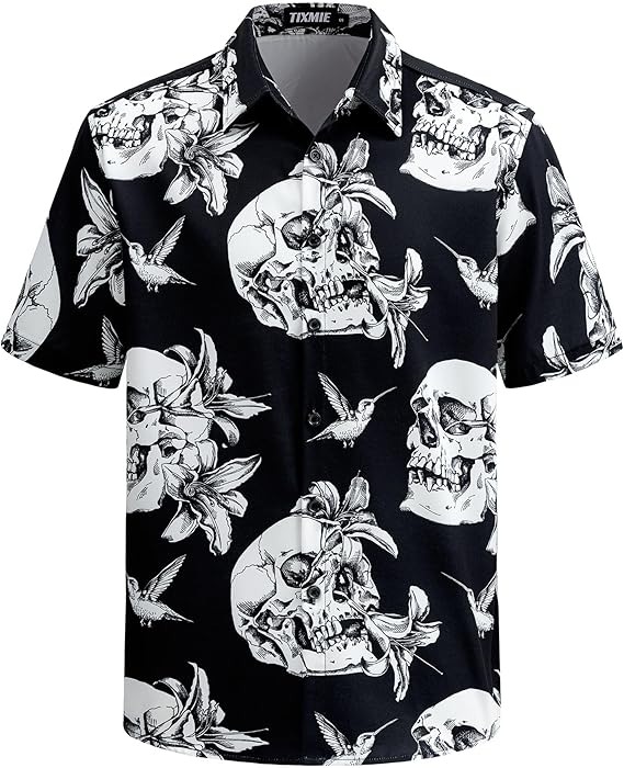 Mens Hawaiian Skull Floral Shirt Short Sleeve Button Down Funny Skeleton Holiday Shirts Casual Tropical Shirt