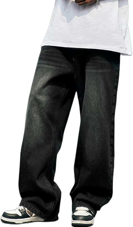 Mens Baggy Jeans Y2k Skater Vintage Plain Pants Casual Wide Leg Loose Fit Denim Hip Hop Jean