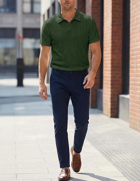 JMIERR Mens Polo Shirt Textured Knit Button Casual Short Sleeve Summer Vacation Beach Stretchy Golf Shirts