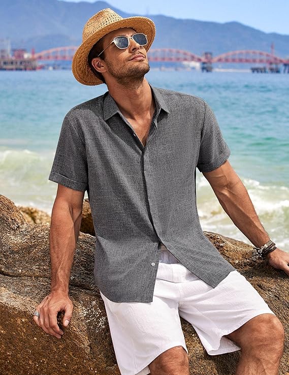 COOFANDY Men's Linen Shirts Short Sleeve Casual Shirts Button Down Shirt for Men Beach Summer Wedding Shirt
