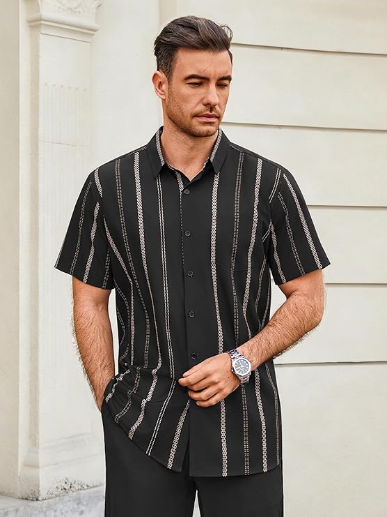 Hardaddy Men's Casual Striped Shirts Button Down Short Sleeve Blouse Summer Hawaiian Shirt
