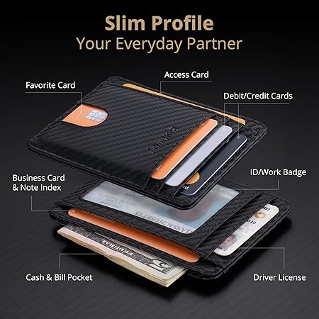 Buffway Slim Minimalist Front Pocket RFID Blocking Leather Wallets for Men and Women - Carbon Fiber Black