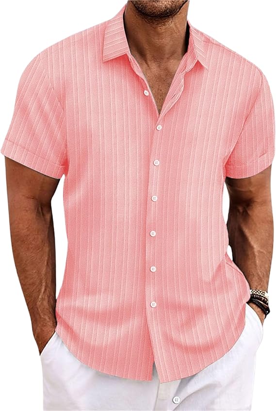 Mens Linen Shirts Short Sleeve Button Down Shirt Casual Cuban Guayabera Lightweight Summer Beach Solid Tops