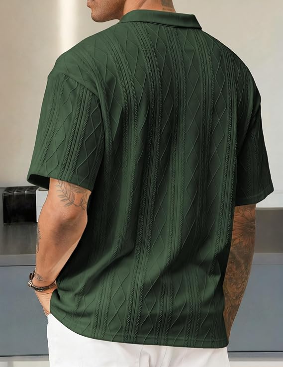 JMIERR Mens Polo Shirt Textured Knit Button Casual Short Sleeve Summer Vacation Beach Stretchy Golf Shirts