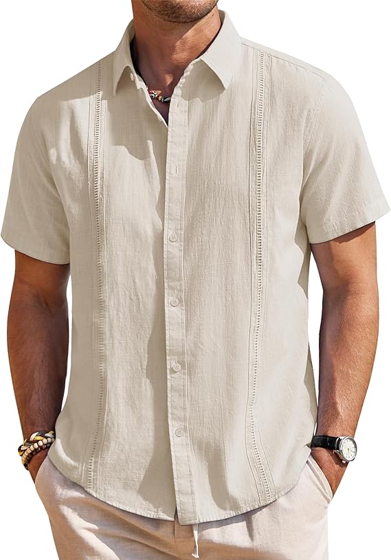 Mens Linen Shirts Short Sleeve Button Down Shirt Casual Cuban Guayabera Lightweight Summer Beach Solid Tops