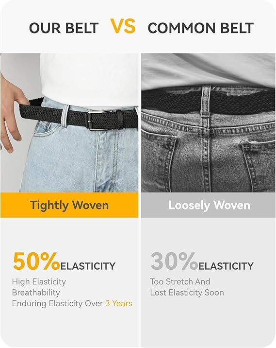 CHAOREN Stretch Belt Men 2 Pack - 1 3/8" Braided Golf Belts For Men - Casual Elastic For Pants and Jeans