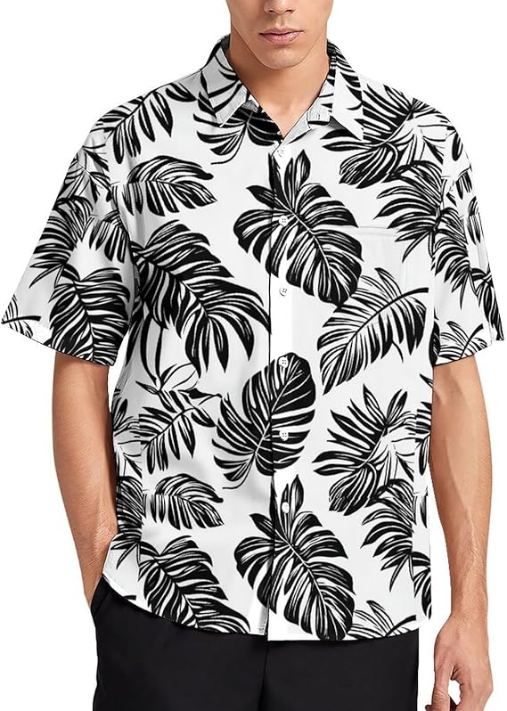 Short Sleeve Leaf Print Shirts for Men Summer Button Down Blouses Beach Vacation Shirt Tops with Chest Pocket