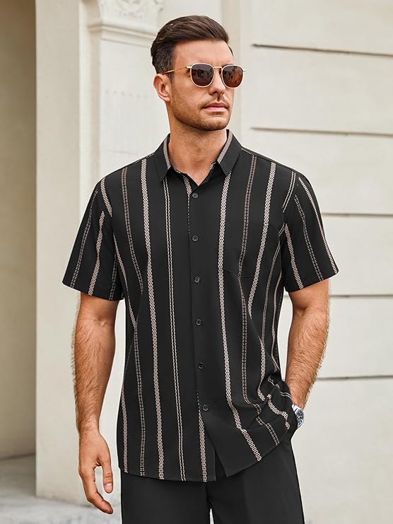 Hardaddy Men's Casual Striped Shirts Button Down Short Sleeve Blouse Summer Hawaiian Shirt