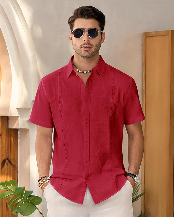 Mens Linen Shirts Short Sleeve Button Down Shirt Casual Cuban Guayabera Lightweight Summer Beach Solid Tops